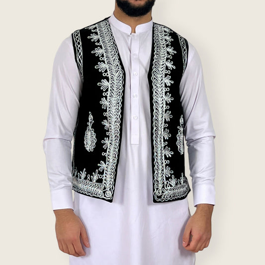 Afghan traditional black velvet white charma work, Afghan embroidered waistcoat