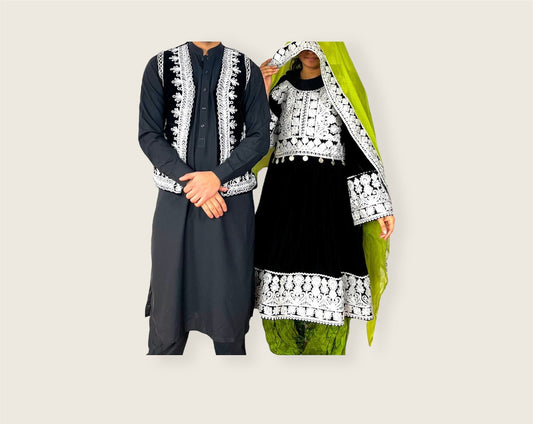 Afghan couple matching set, Afghan couple wedding clothing, peran tomban, afghani kuchi dress