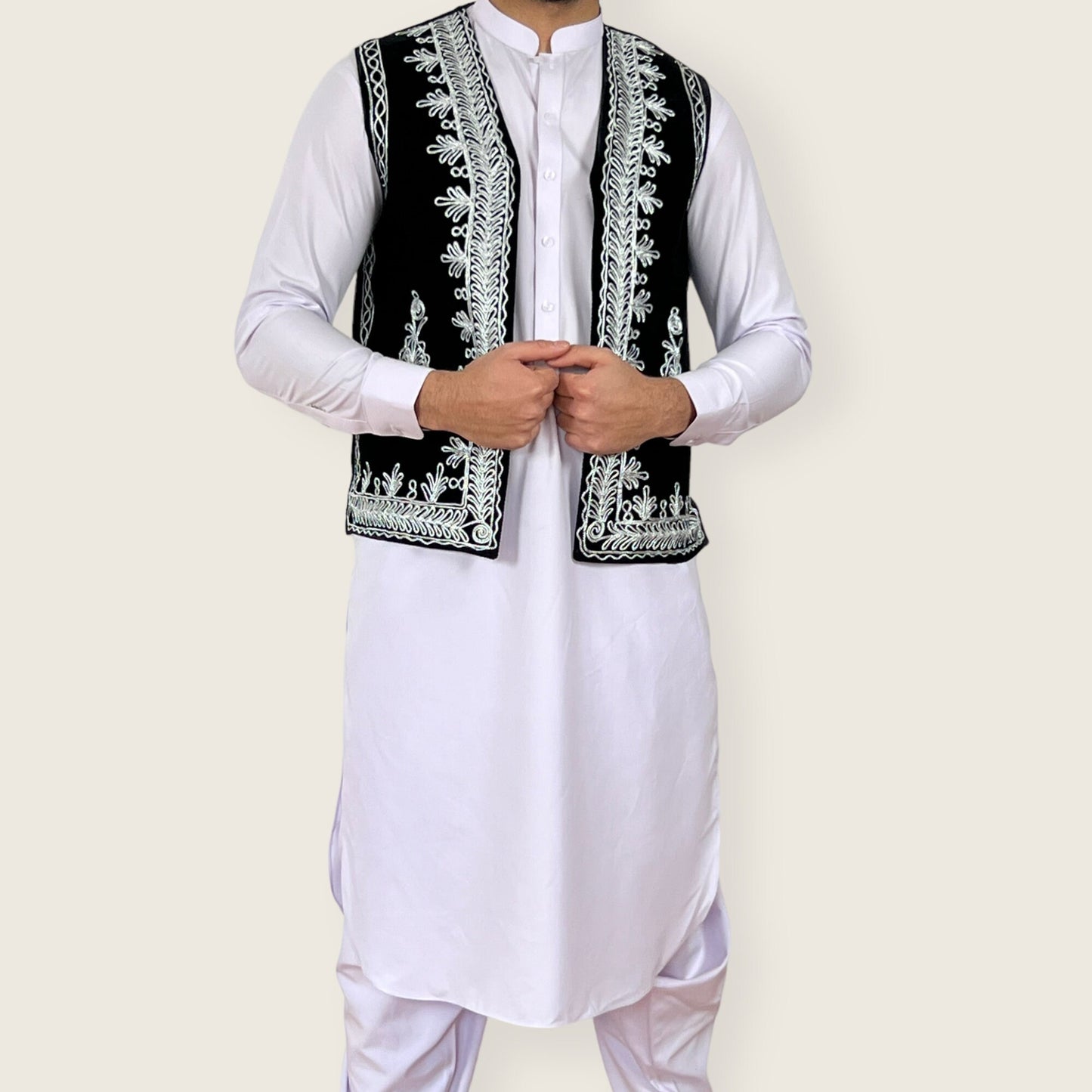 Afghan traditional black velvet white charma work, Afghan embroidered waistcoat