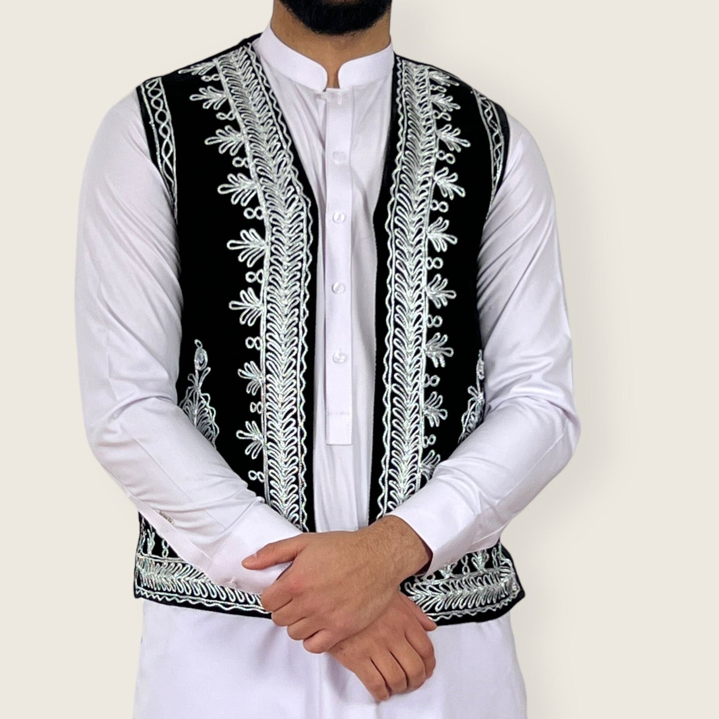 Afghan traditional black velvet white charma work, Afghan embroidered waistcoat