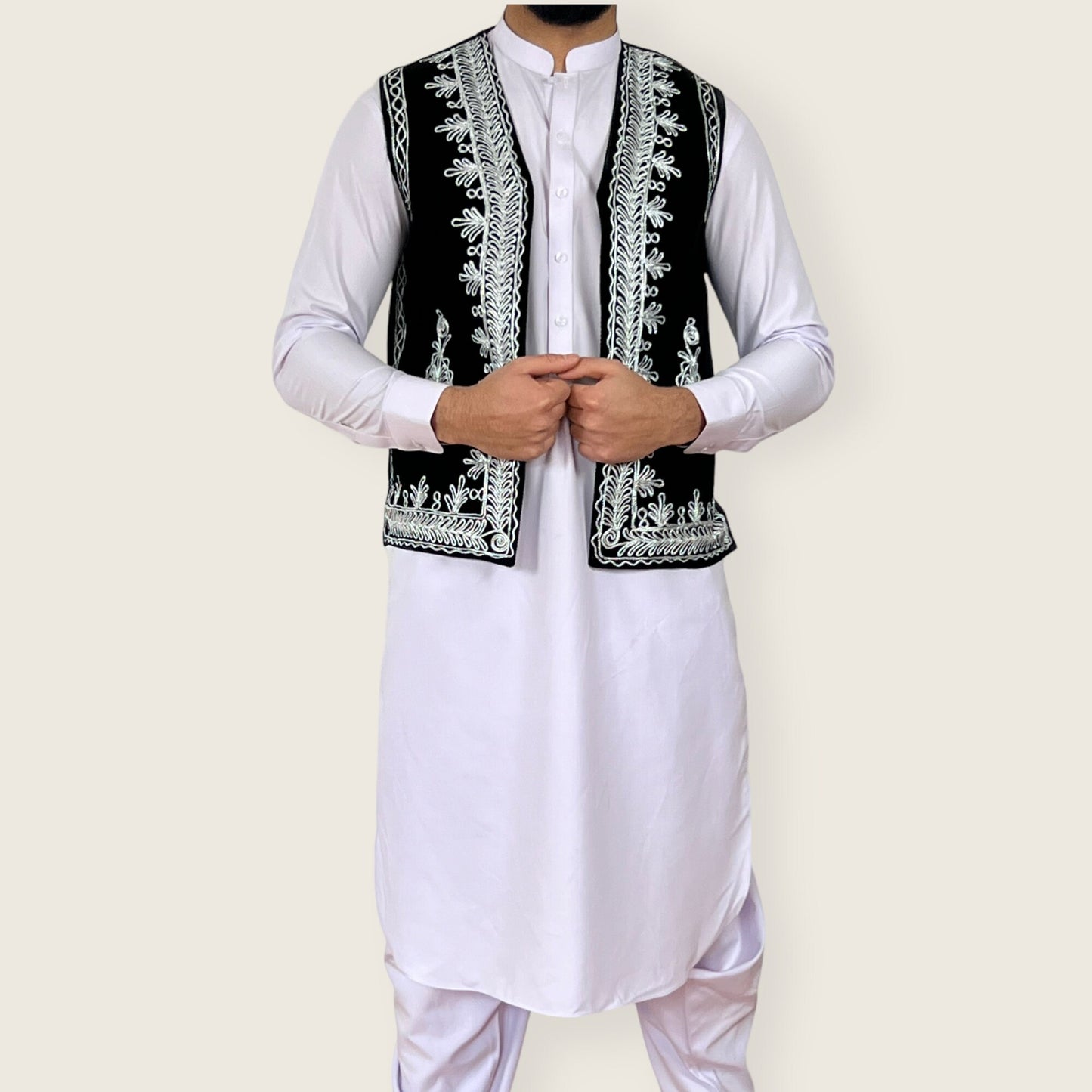 Afghan traditional black velvet white charma work, Afghan embroidered waistcoat