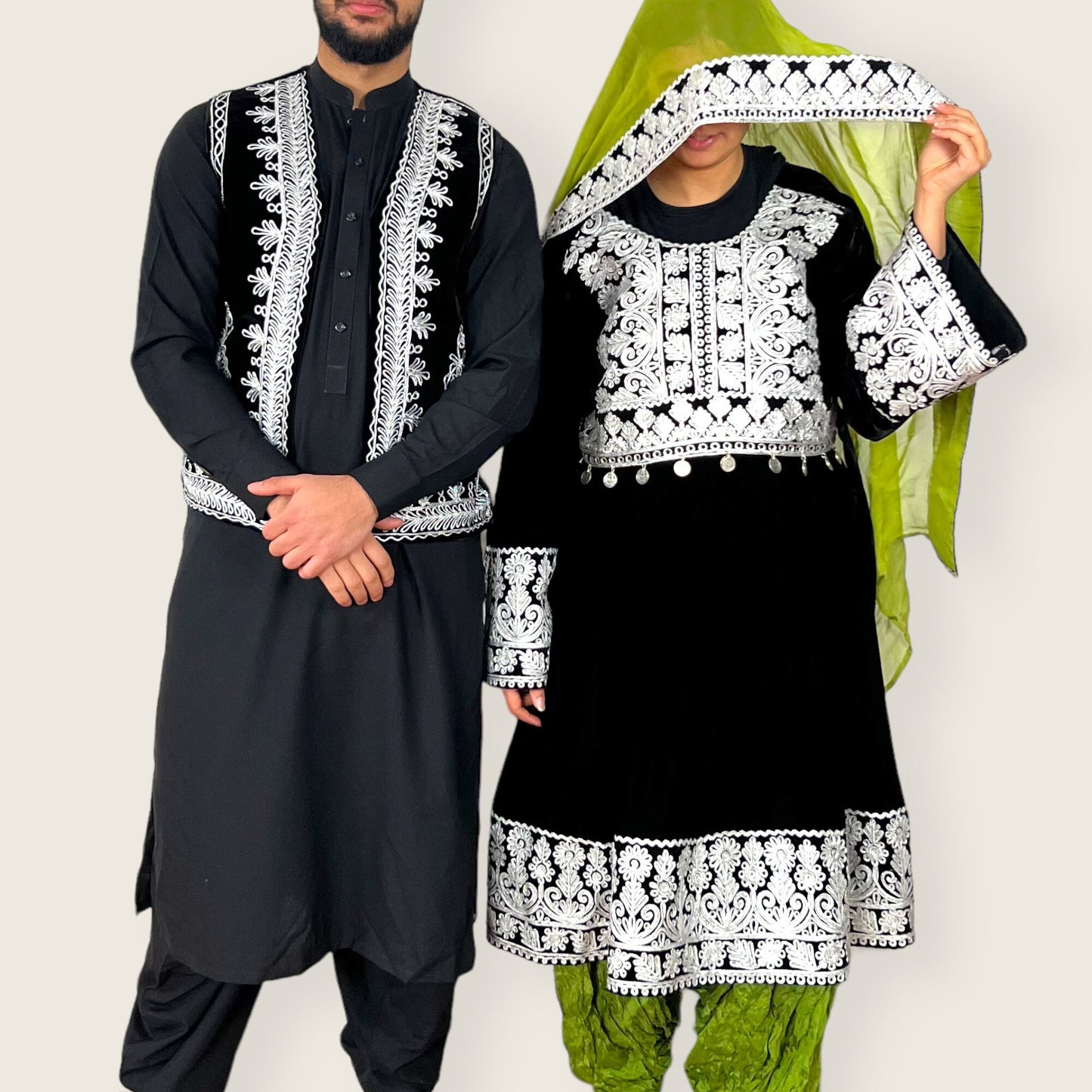 Afghan couple matching set, Afghan couple wedding clothing, peran tomban, afghani kuchi dress