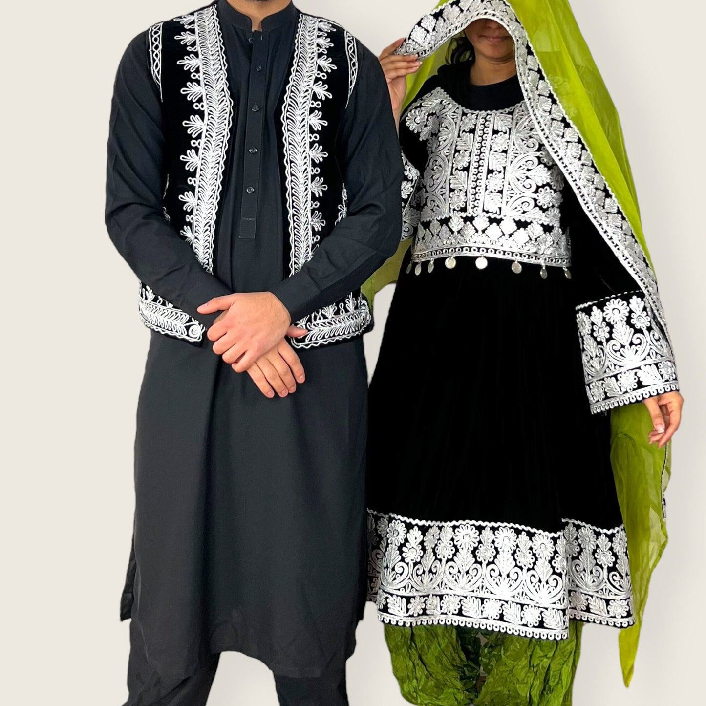 Afghan couple matching set, Afghan couple wedding clothing, peran tomban, afghani kuchi dress